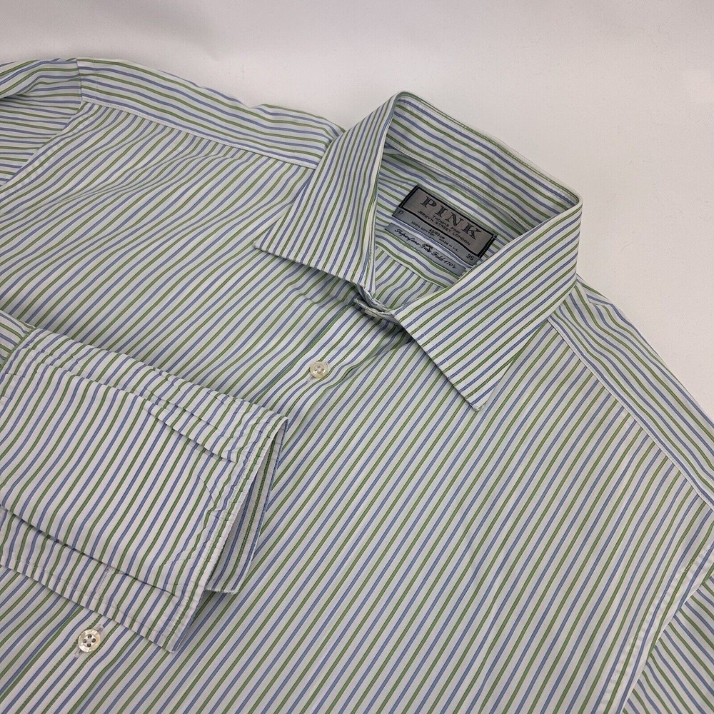 Thomas Pink Men's Green Blue Stripes Cotton Long Sleeve Button Down Shirt 17/35
